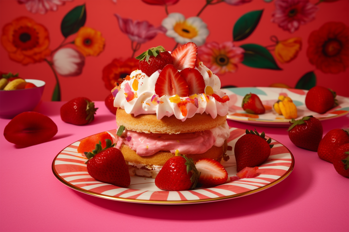 Delicious strawberry shortcake with assorted cream flavors and fresh strawberries on a plate, resting on a pink surface