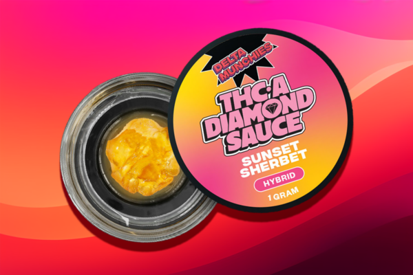 An open container of Delta Munchies THCA Diamond sauce with Sunset Sherbet flavor, revealing a pool of yellow diamond sauce inside