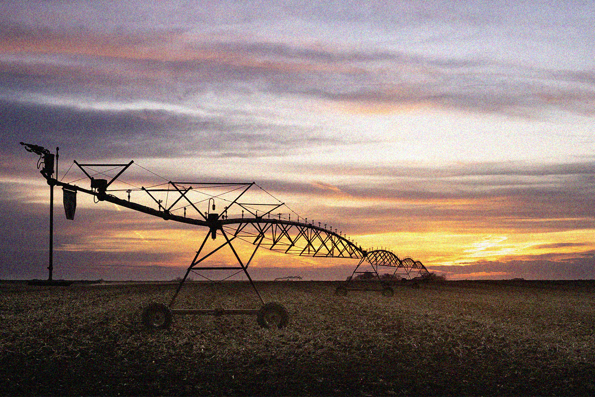 Sunset view of irrigation system in a Nebraska field