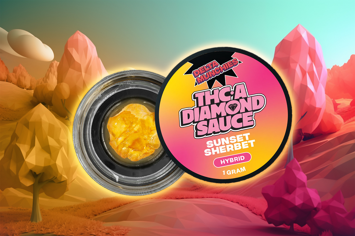 A container of Delta Munchies' THCA Diamond sauce in Sunset Sherbet flavor is positioned against a multicolored mountain backdrop, with the container lid open