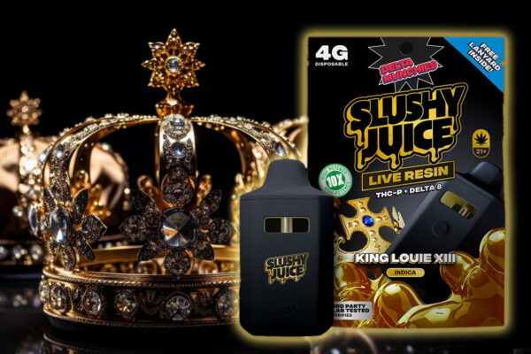 A pack of Live Resin Slushy Juice in KING LOUIE XIII flavor, accompanied by a bottle and a regal crown