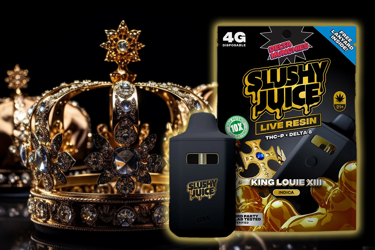 A pack of Live Resin Slushy Juice in KING LOUIE XIII flavor, accompanied by a bottle and a regal crown