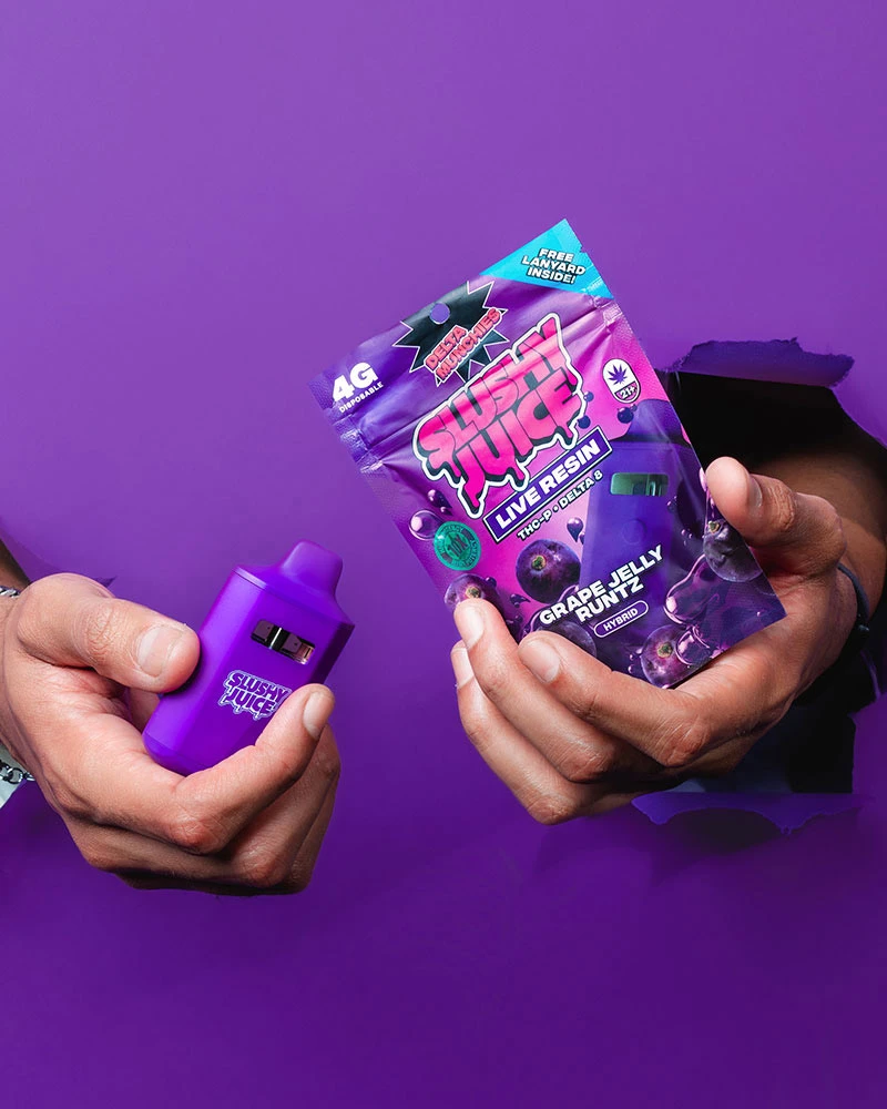 Munchies THC-p vape slushy juice grape jelly juice packaging being held through a purple wall