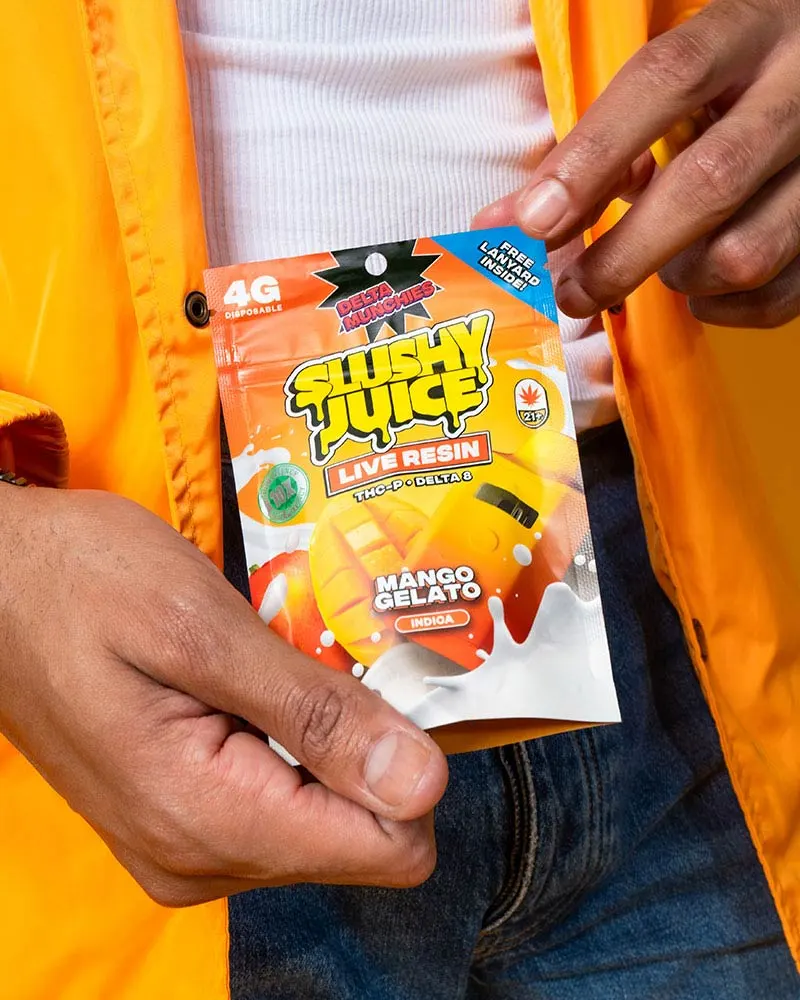 Munchies THC-p vape slushy juice mango gelato package being held