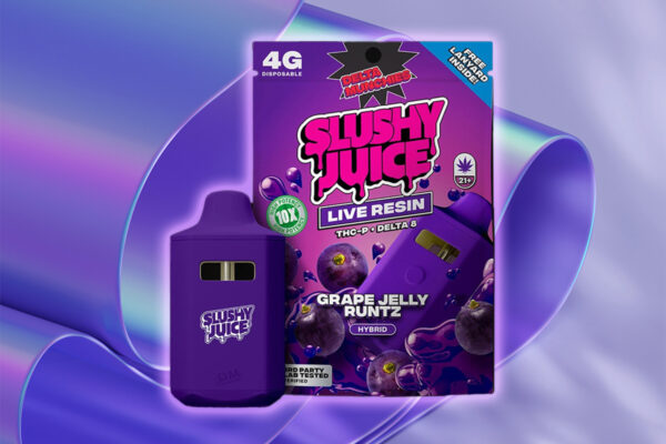 Pack of Delta Munchies Delta-8 THC-P Slushy Juice Live Resin with Grape Jelly Runtz flavor, next to a container on purple background