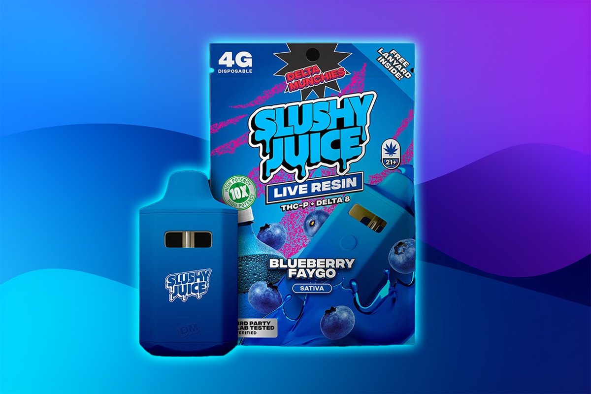 A package of Delta Munchies Slushy Juice live resin in Blueberry Faygo flavor, accompanied by a bottle, set against a bluish background