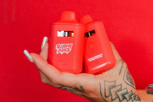 In a hand against a vibrant red background, two containers are held: one labeled 'SLUSHY JUICE' and the other 'Strawberry Shortcakes.'"