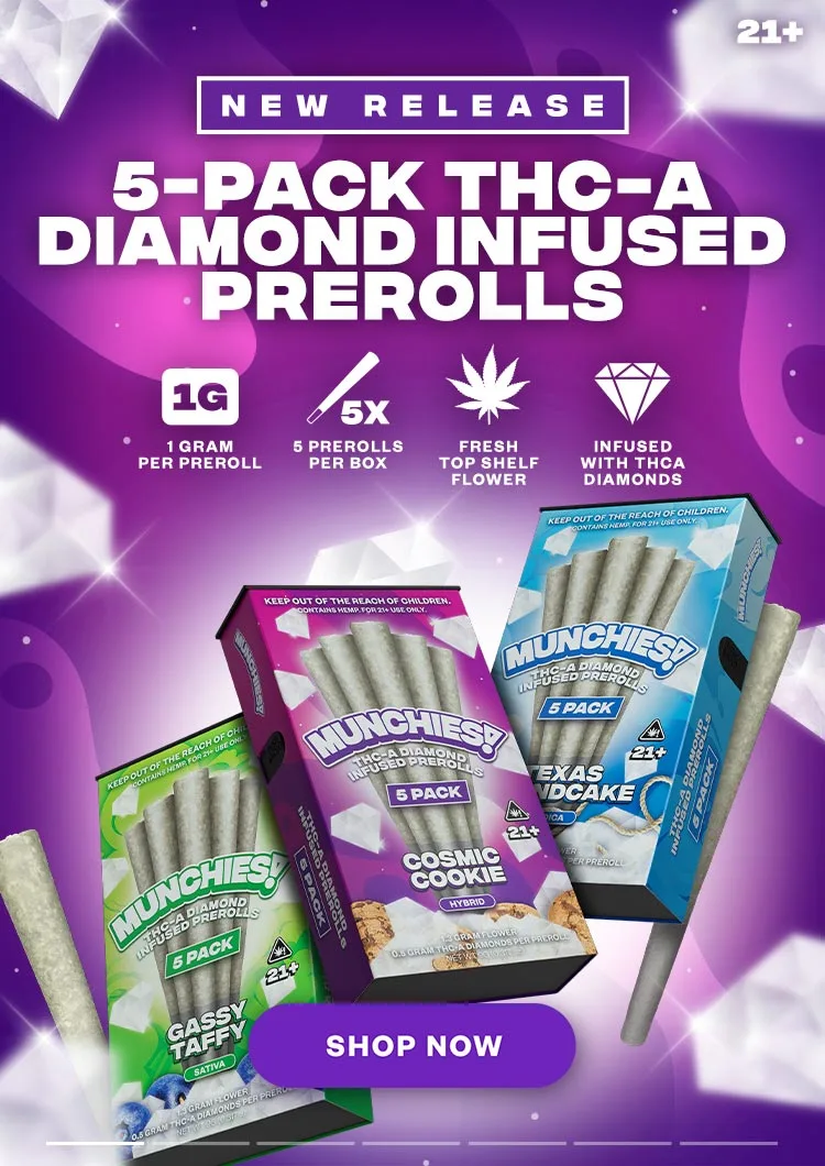 new release. 5 pack thca diamond infused prerolls. 1 gram per preroll. 5 prerolls per box. fresh top shelf flower. infused with thca diamonds