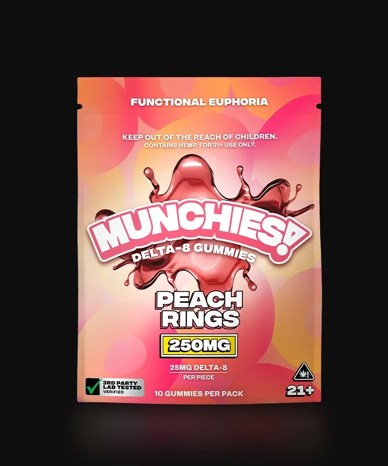 Delta Munchies 250mg delta 8 thc gummies front side packaging peach rings