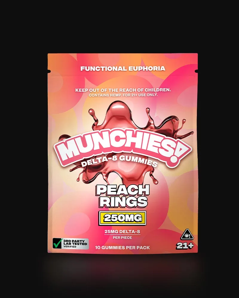 Delta Munchies 250mg delta 8 thc gummies front side packaging peach rings